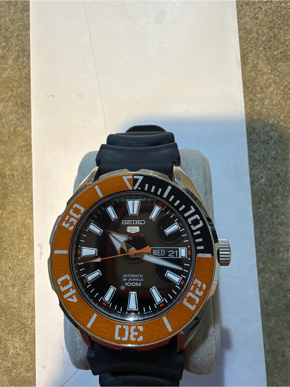 Seiko Black Dial Watch with Orange Bezel sport5